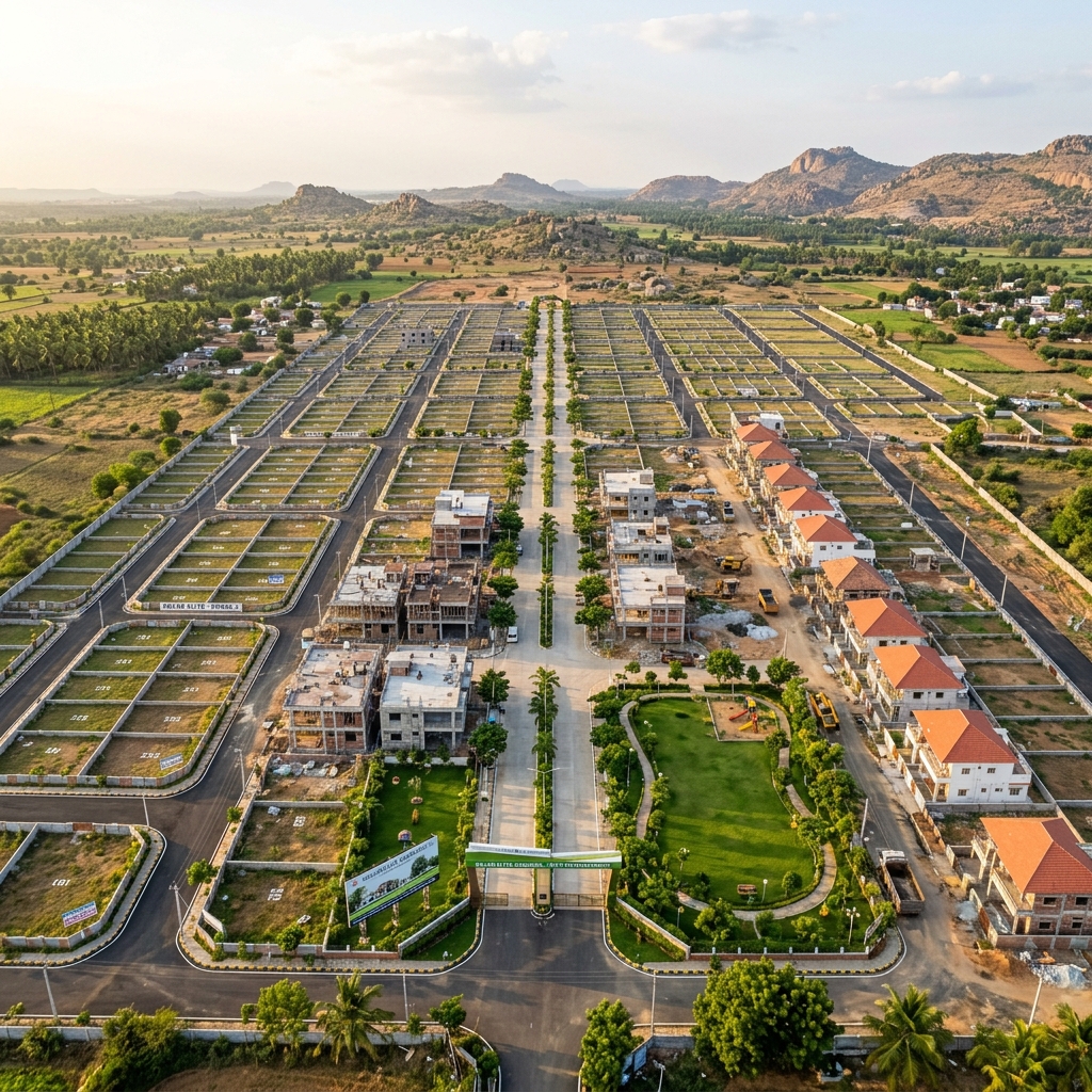 Aerial view of Landora Group residential layout development near Kolar