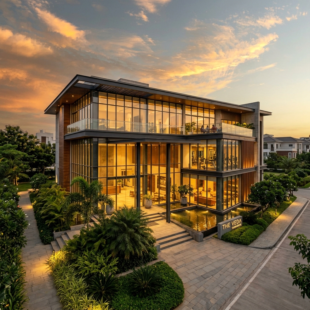 Modern clubhouse exterior at Landora Group layout