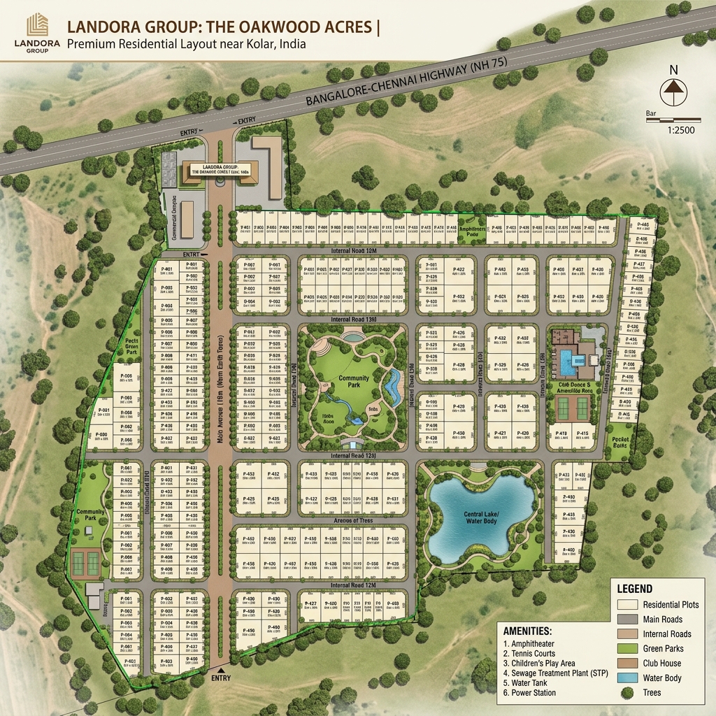 Landora Group Proposed Residential Layout Plan – aerial view showing roads, parks, and plotted sections near Kolar