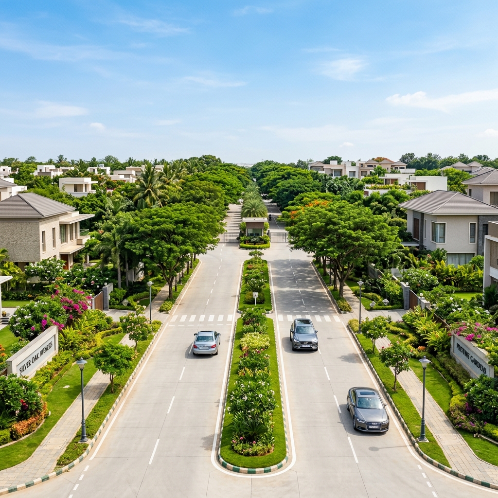 Wide tree-lined internal road of the layout